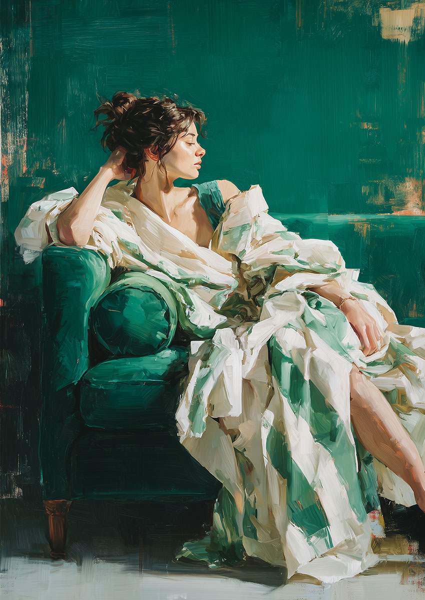 Artwork of a modern female portrait seated on a green sofa, showcasing serene beauty.