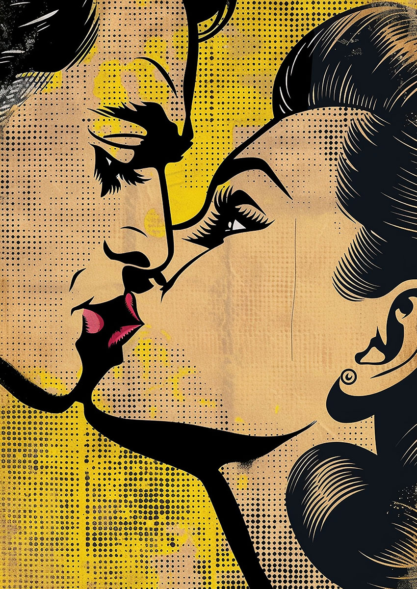 Artwork of a couple kissing in a vibrant pop art style with yellow background.