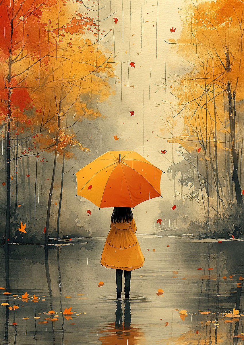 Charming artwork of a figure with a bright yellow umbrella in an autumn setting, surrounded by falling leaves and calming rain.