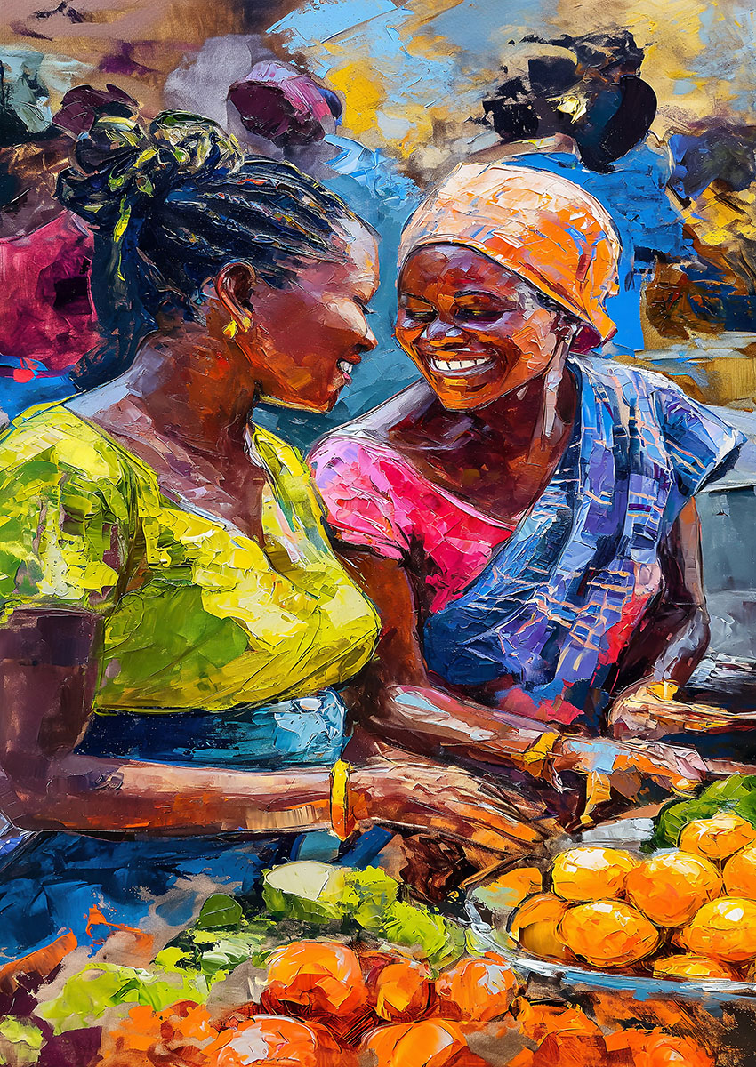 Brightly Coloured Market Scene with Women Canvas Print & Poster Wall Art - AI PRINT LAB