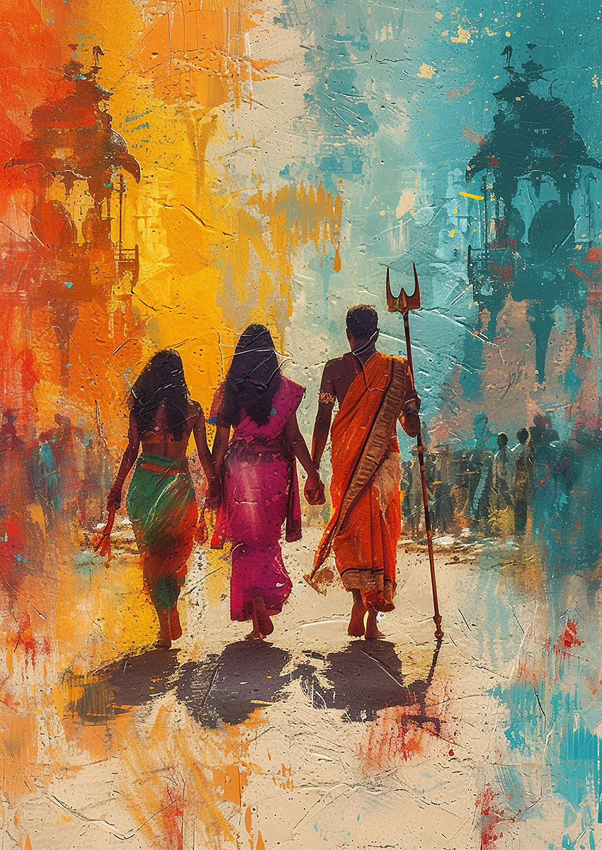 Dramatic artwork of three figures with a trident walking together in vibrant colours.