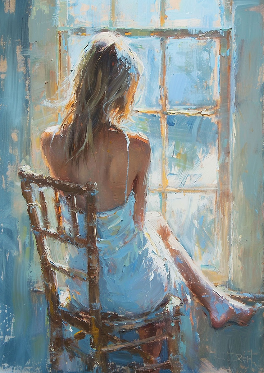 Artistic representation of a contemplative woman sitting by a window, emphasizing serene light and soft colours.