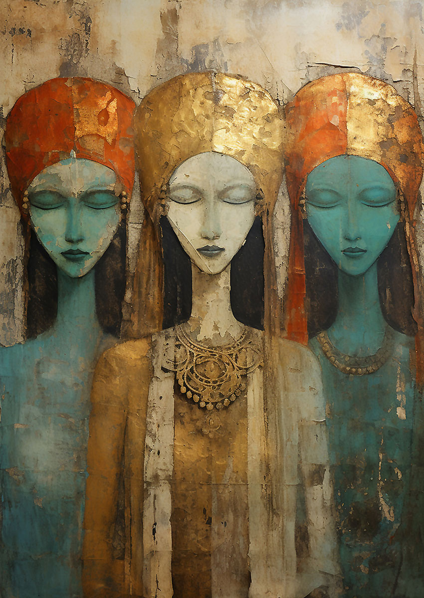 Abstract artwork of female figures adorned with ornate headgear against a textured background.