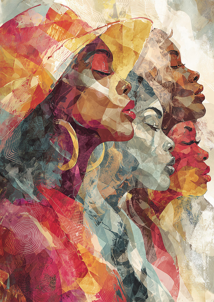 Artistic portrayal of vibrant female portraits with dynamic colours and patterns.