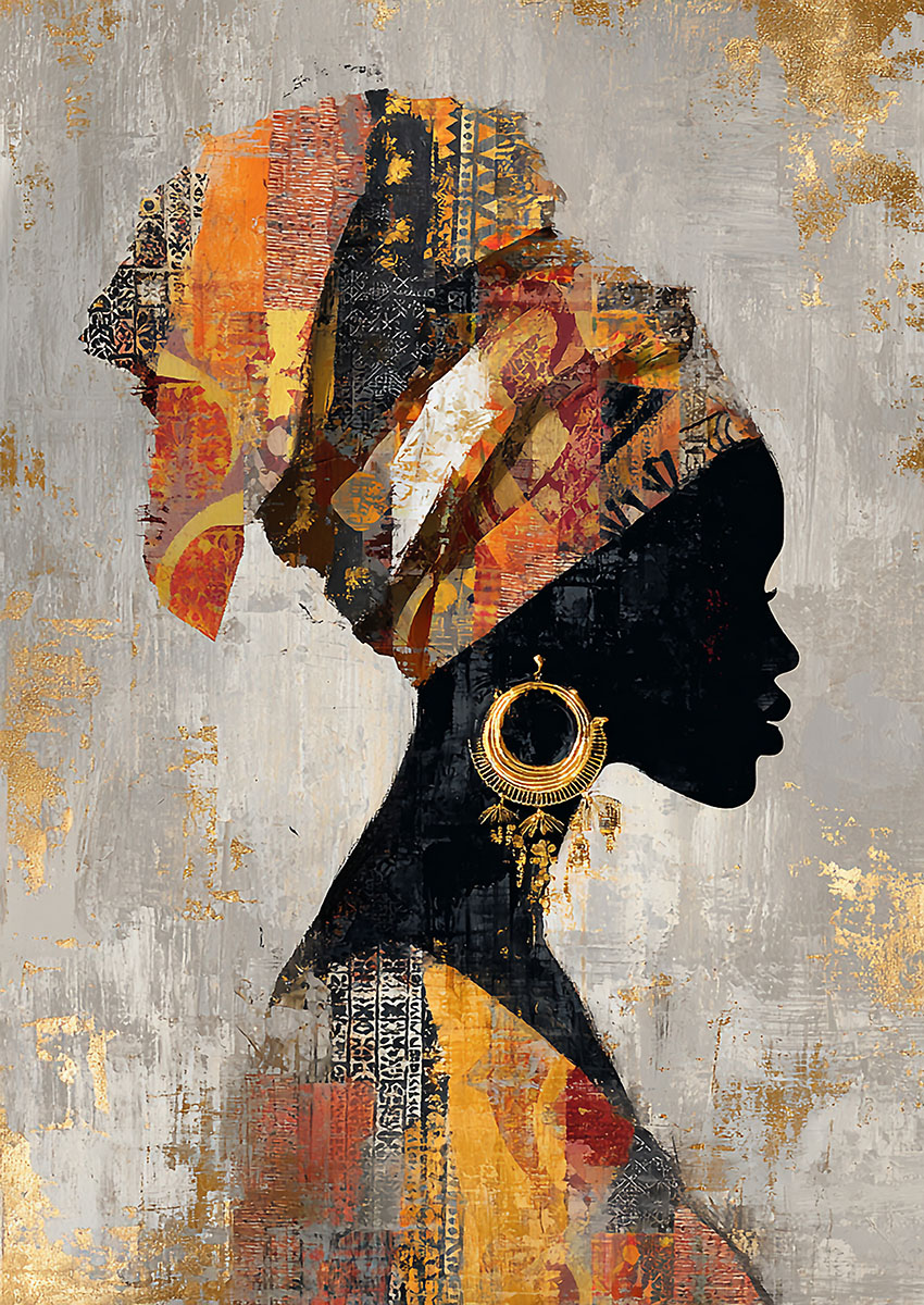 Elegant silhouette of a woman in traditional African attire and earrings, set against a textured background.