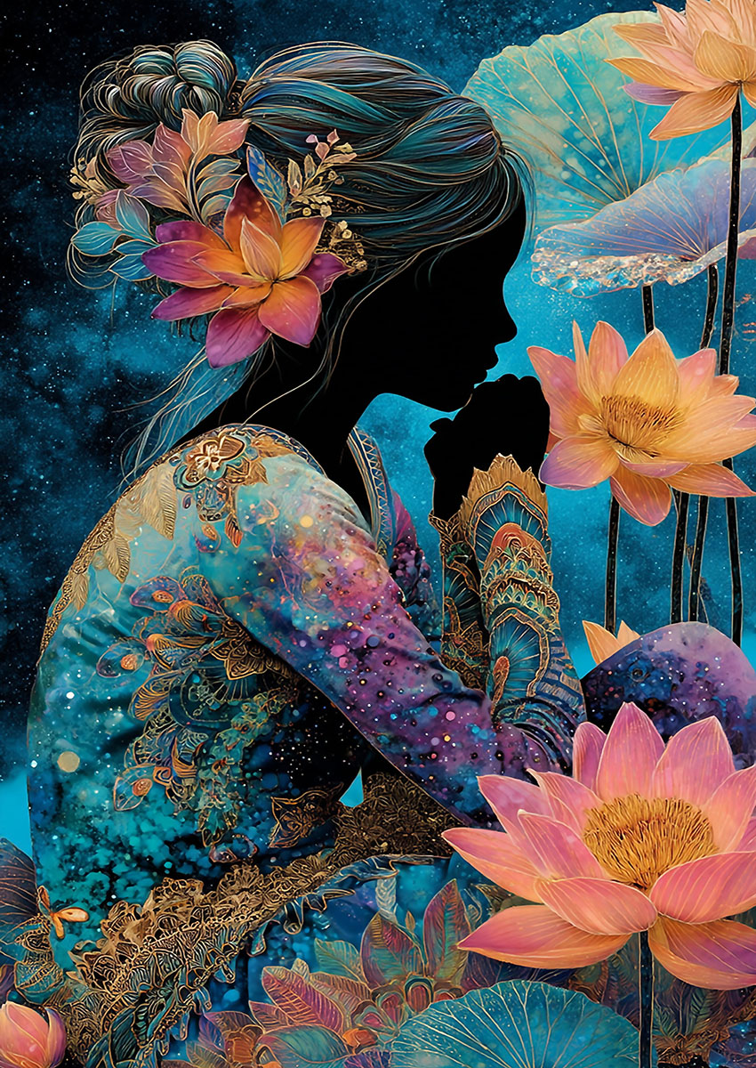 Artwork of a silhouette of a woman surrounded by colourful floral elements against a starry background.