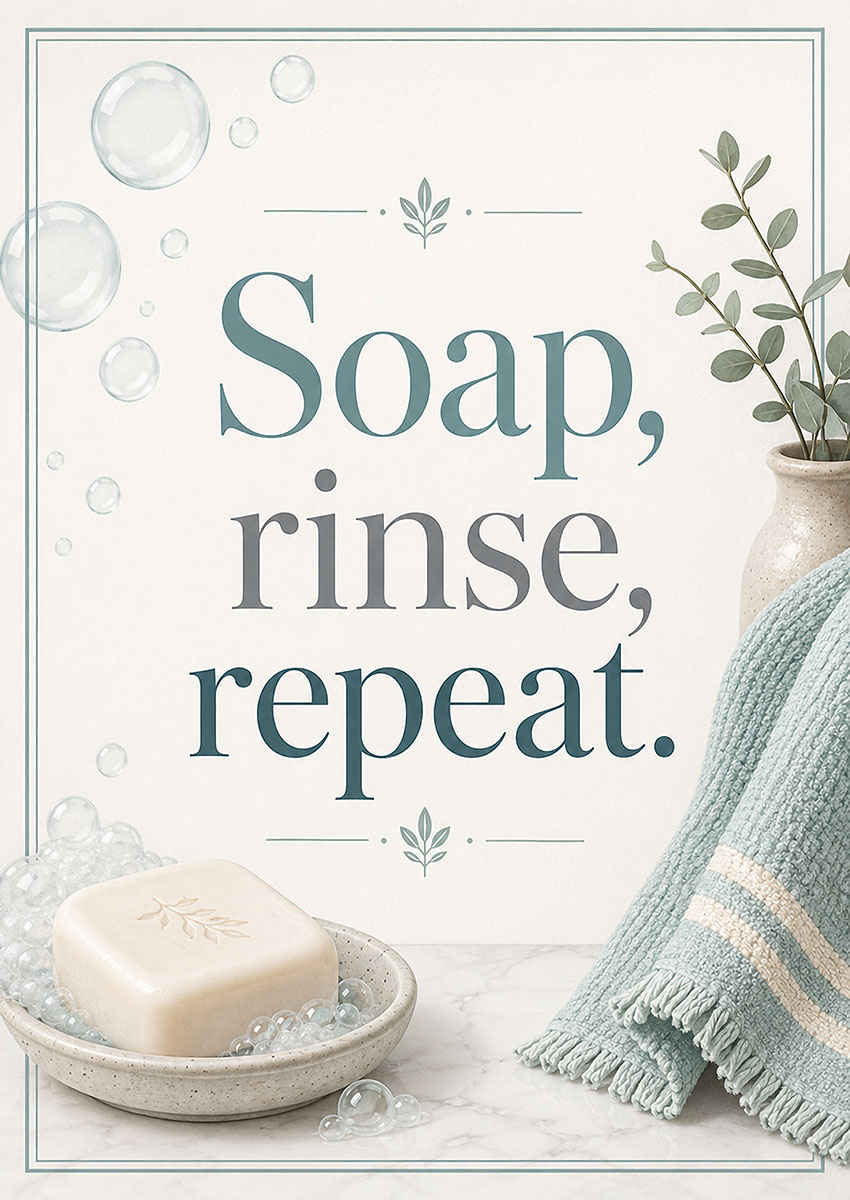 Minimalist typography artwork featuring the words Soap Rinse Repeat with soap bubbles and botanical decor
