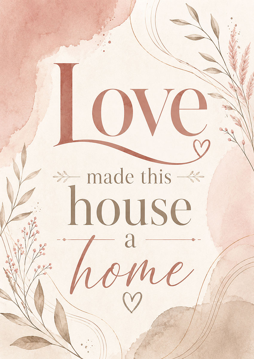 Minimalist typography artwork of the quote Love Made This House A Home with soft watercolour botanical illustrations