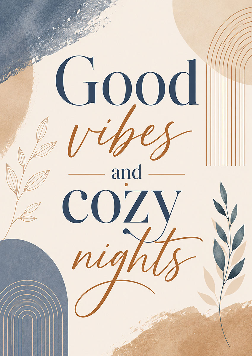 Minimalist Good Vibes and Cozy Nights typographic quote artwork with boho botanical elements in blue and earthy tones