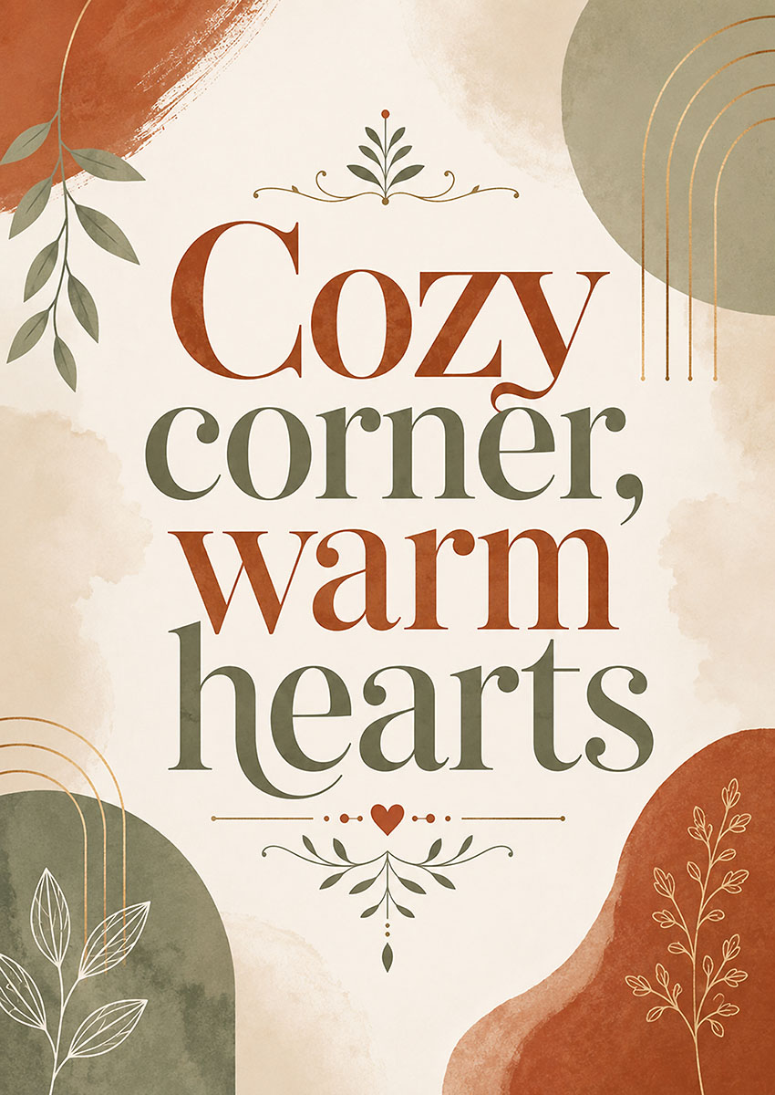 Minimalist typography artwork with the text Cozy corner warm hearts and soft organic botanical shapes