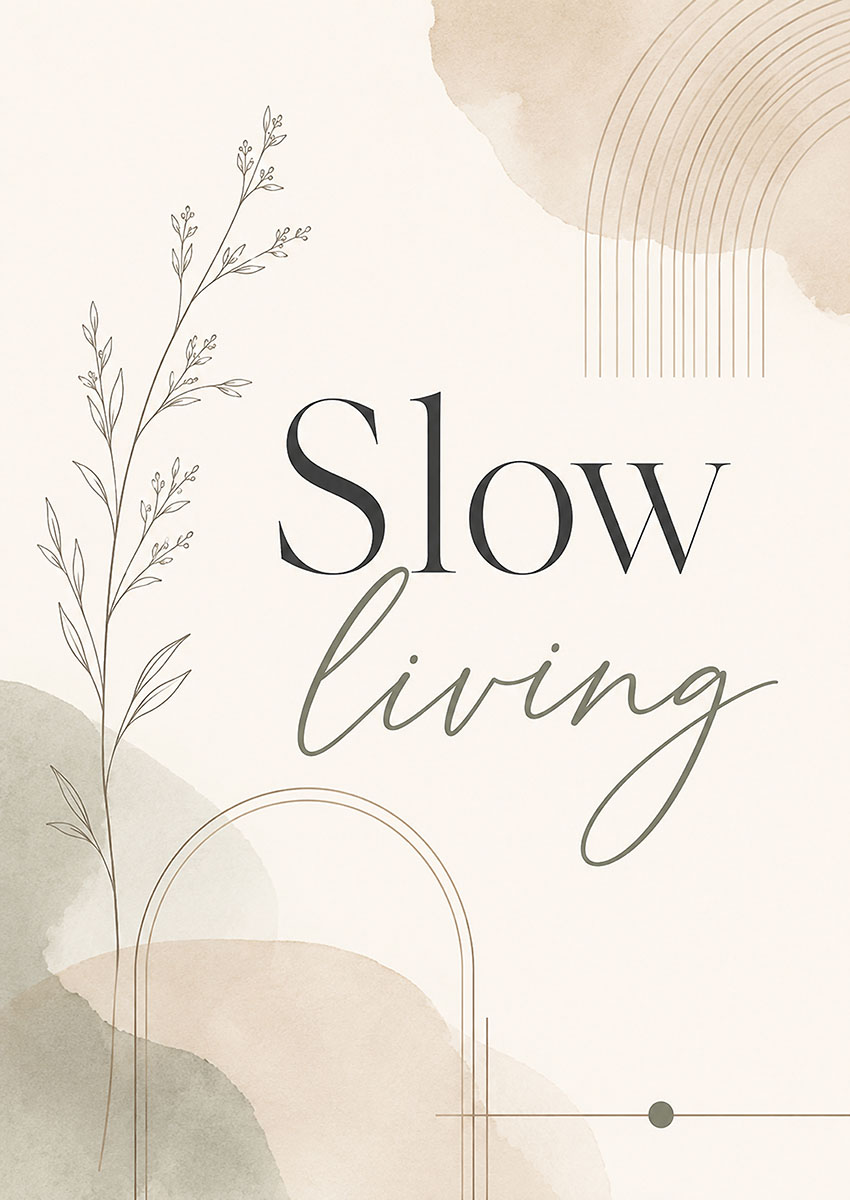 Minimalist typography artwork featuring the words Slow Living with botanical line art and soft watercolour shapes