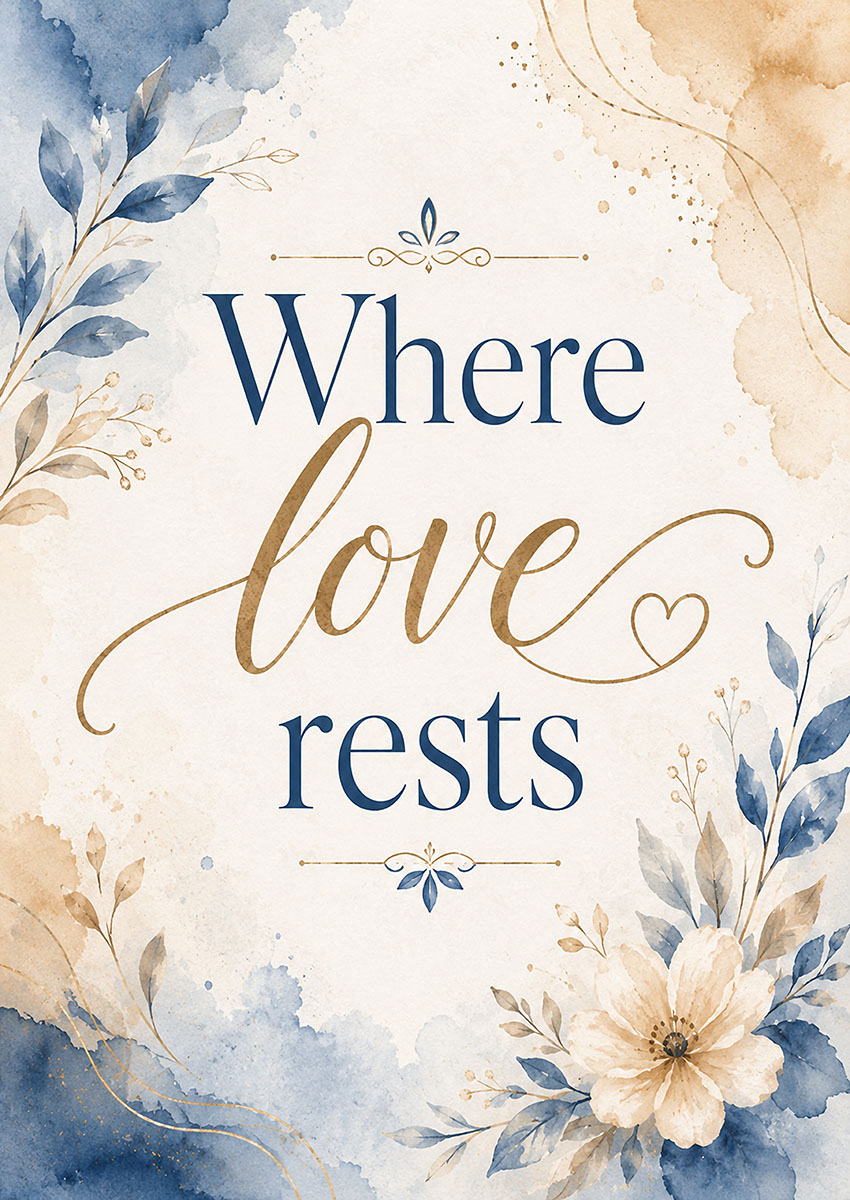 Elegant Where Love Rests quote with soft blue and gold watercolour floral accents