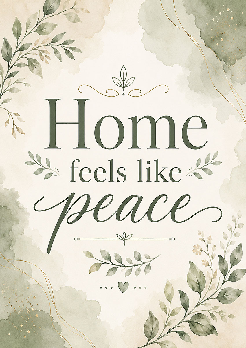 Decorative botanical artwork with the quote Home Feels Like Peace in sage green watercolour style