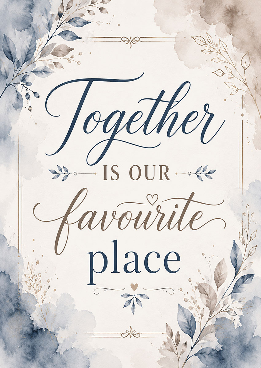 Elegant Together Is Our Favourite Place typography surrounded by delicate watercolour botanical leaves and stems
