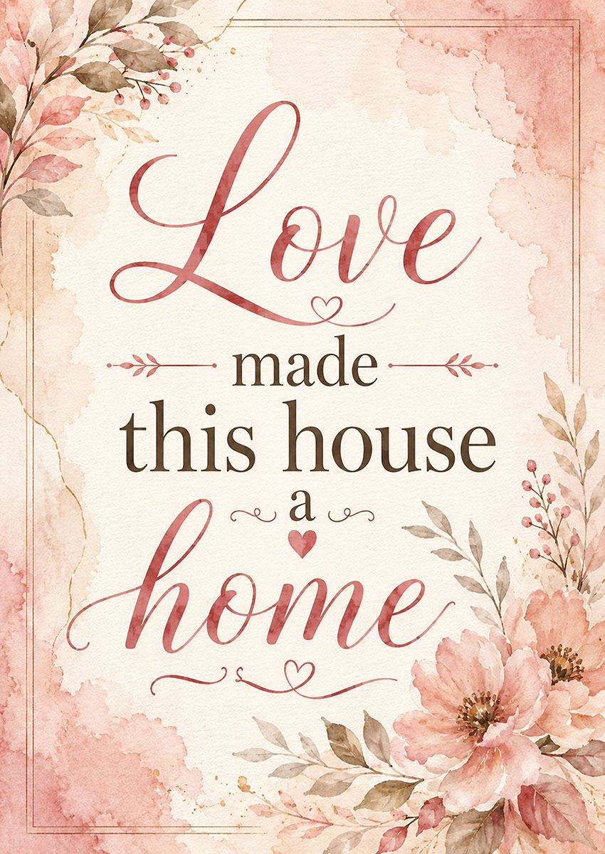 Elegant Love Made This House A Home quote art decorated with watercolour flowers in soft pink tones