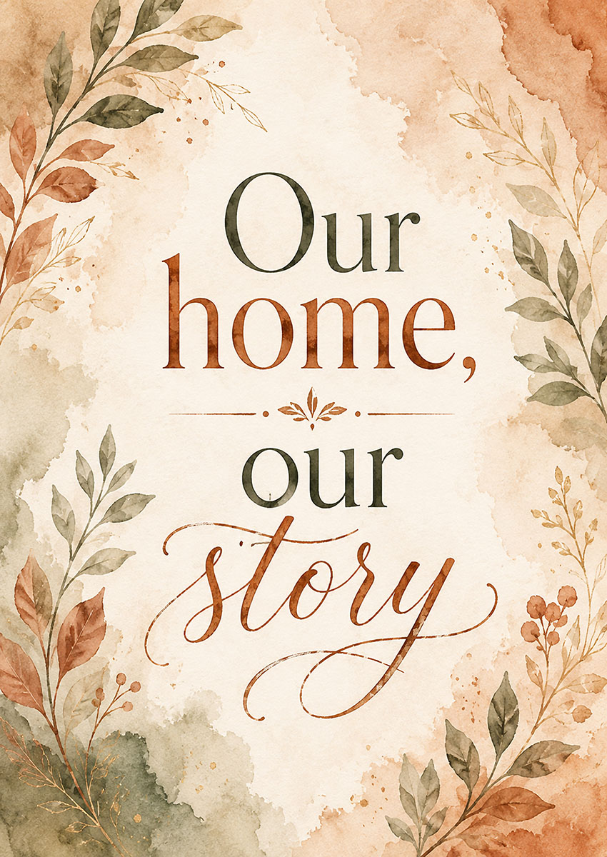 Our Home Our Story quote framed by elegant watercolour foliage and leaves in earth tones
