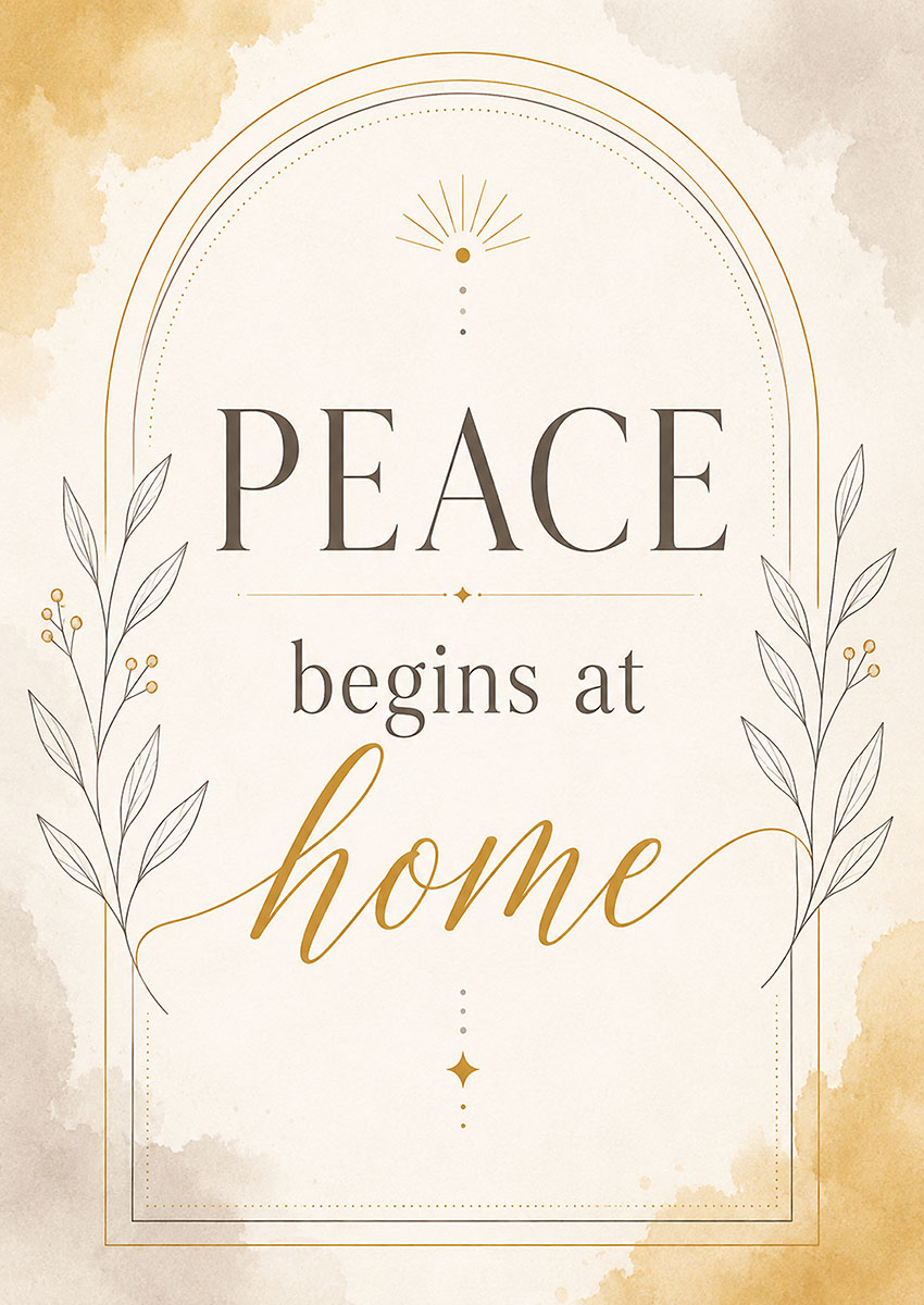 Minimalist typography artwork with the quote Peace begins at home surrounded by delicate gold leaf illustrations