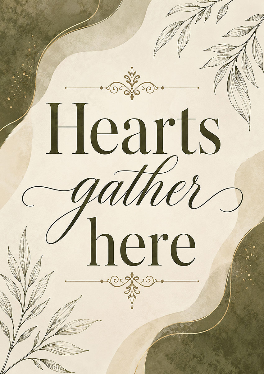 Minimalist typography artwork featuring the words Hearts gather here with elegant olive green leaf illustrations