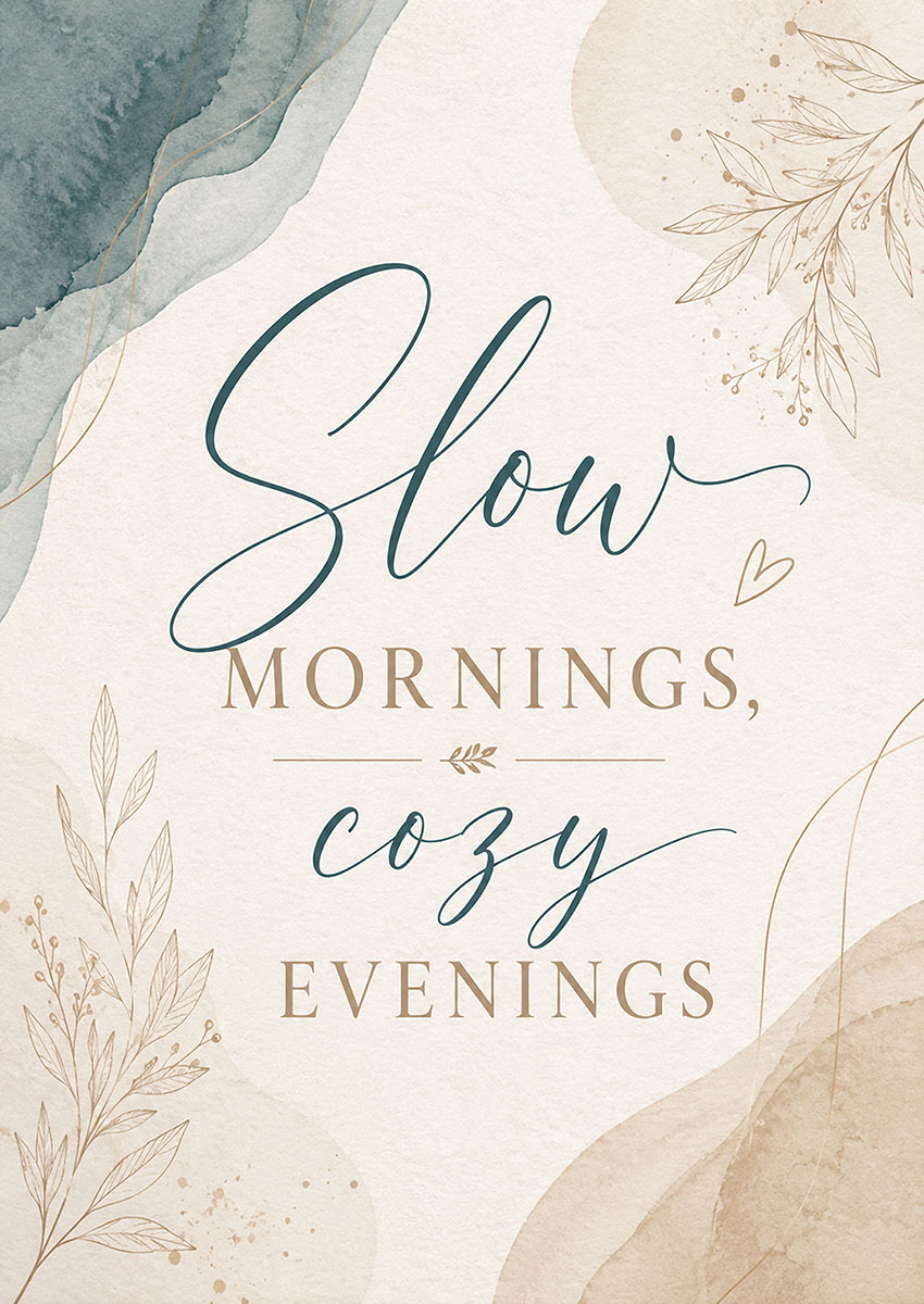 Minimalist wall art with botanical illustrations and the text Slow Mornings Cozy Evenings in elegant calligraphy