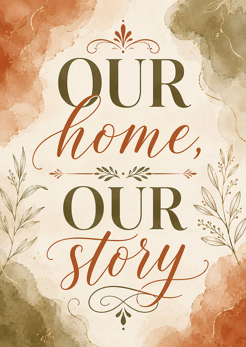 Elegant typography of Our Home Our Story quote with earthy watercolour accents and botanical illustrations