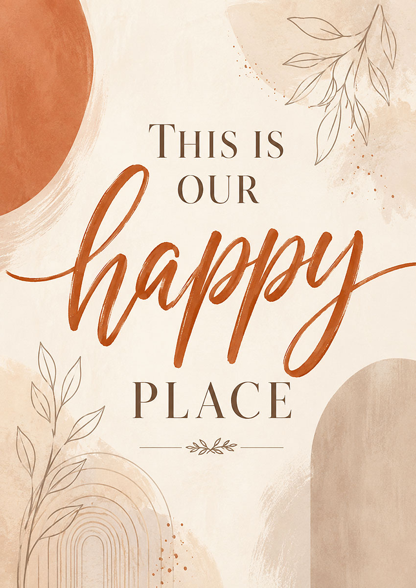 Minimalist wall art featuring the quote This Is Our Happy Place with terracotta abstract shapes and botanical line drawings