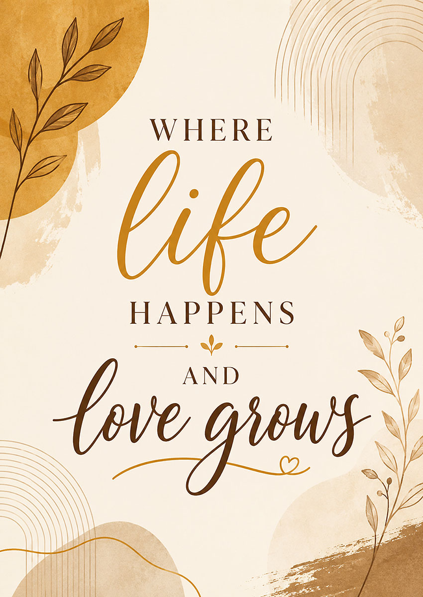 Minimalist typography artwork featuring the quote Where Life Happens and Love Grows with botanical elements