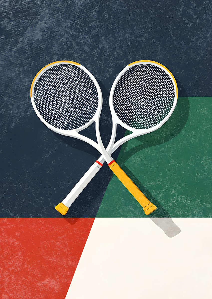 Minimalist artwork of tennis rackets on a colourful background.