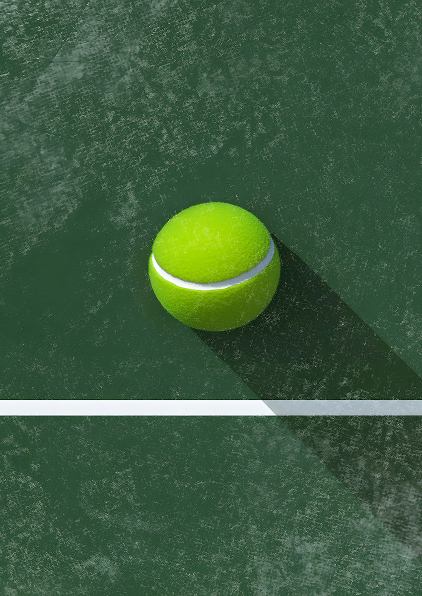 Vibrant artwork of a tennis ball on a green court with a minimalist composition.