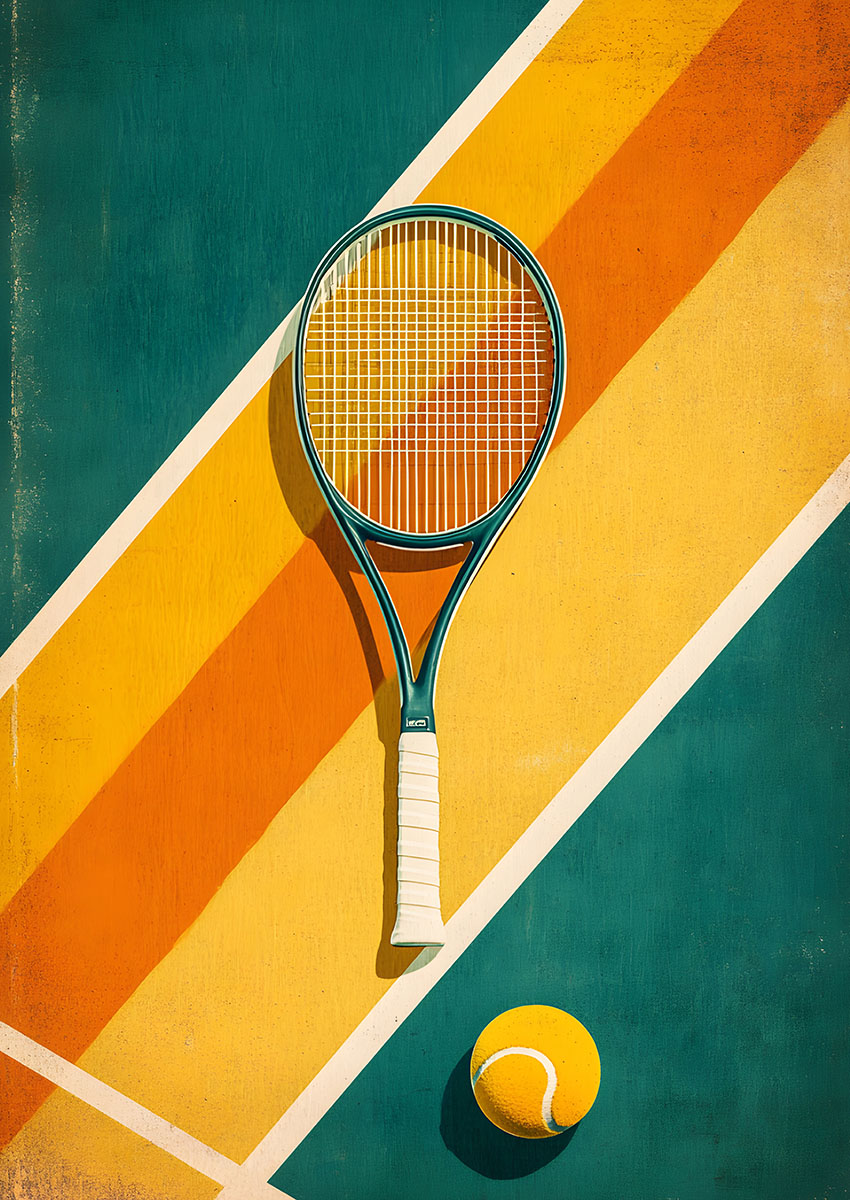 Artistic representation of a tennis racket and ball arranged on a colourful court surface.