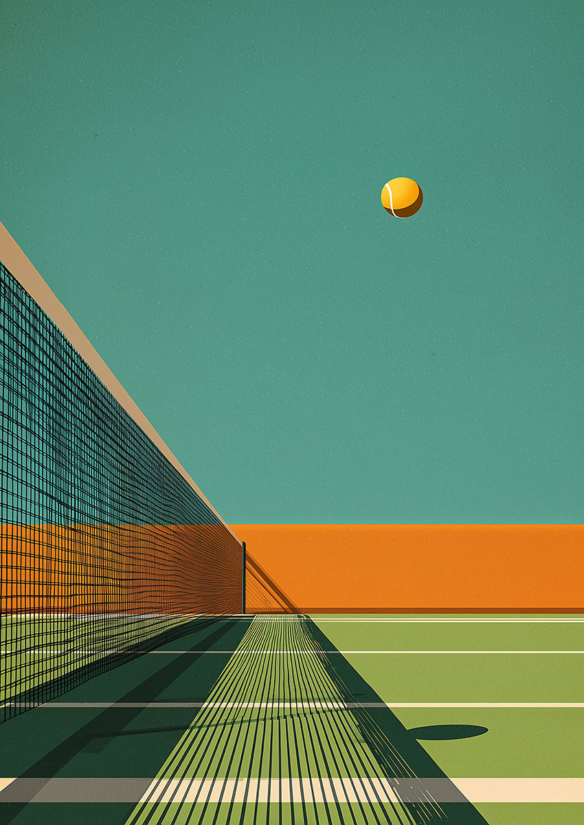 Stylish artwork of a tennis court with a yellow ball in motion against a colourful backdrop.
