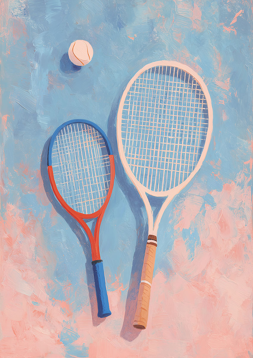 Artistic depiction of two tennis rackets and a tennis ball on a colourful background.