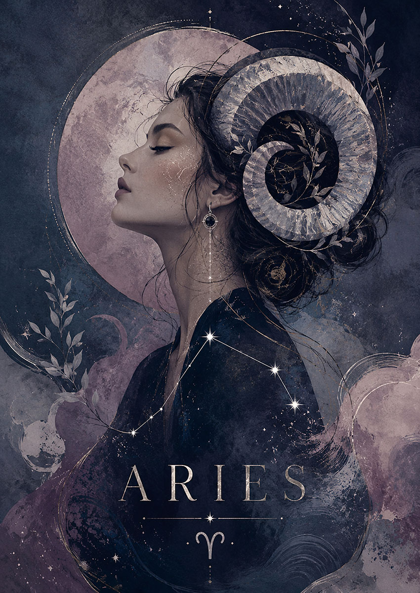 Artistic portrayal of a woman representing Aries Zodiac with celestial motifs.