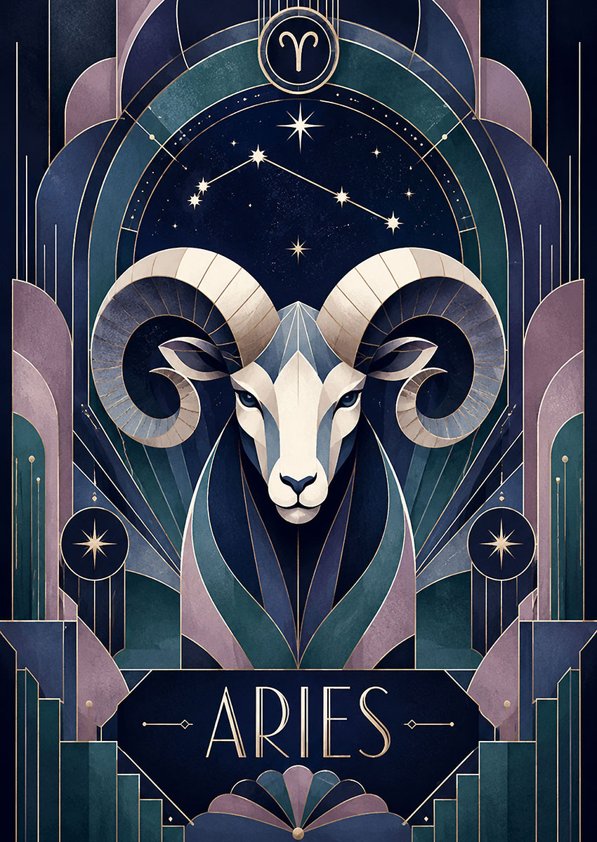 Stylised artwork of an Aries ram against a dark, geometric design background.