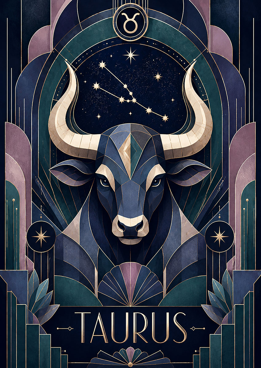 Geometric Taurus zodiac artwork featuring a bull against a cosmic backdrop.