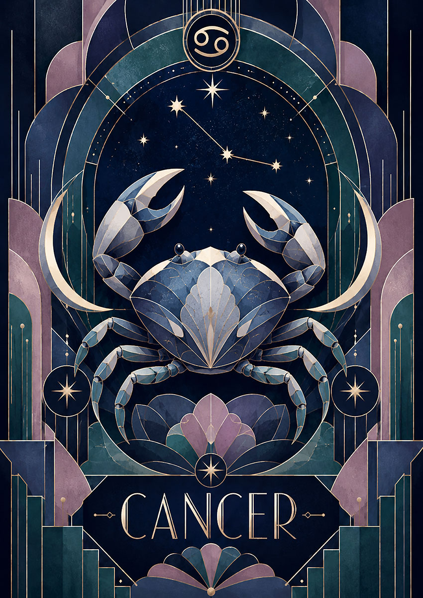 Intricate geometric artwork of a Cancer zodiac crab on a dark background.