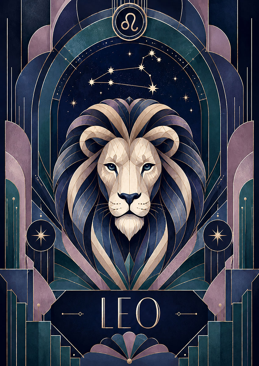 Stylised artwork of a lion's face with geometric features against a dark background.