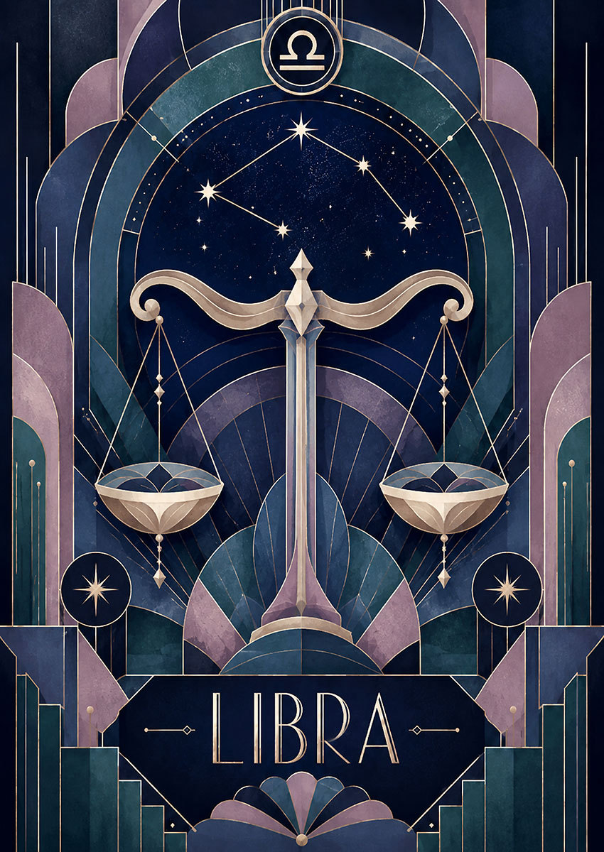 Elegant artwork of the Libra zodiac sign with scales and starry background