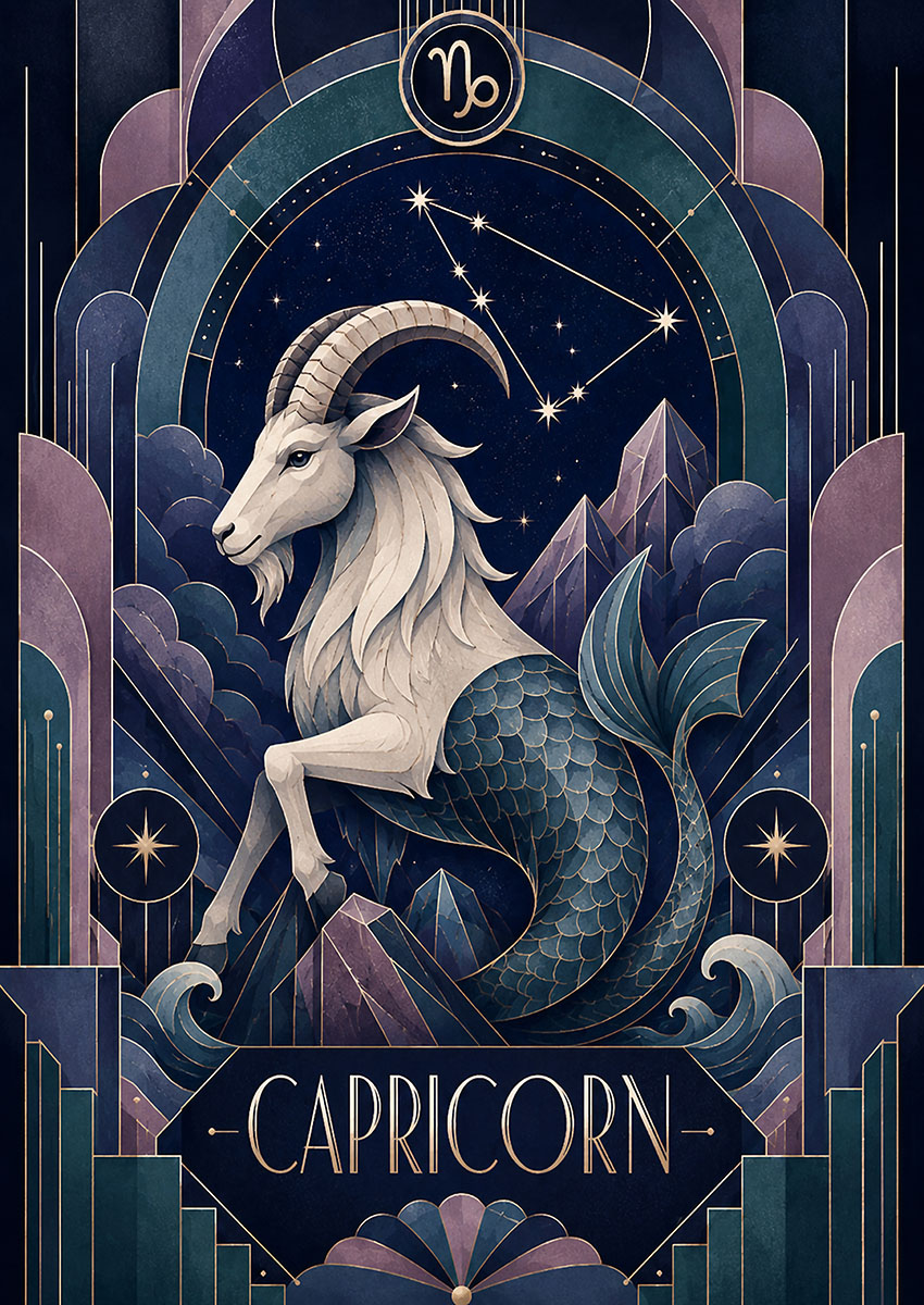 Mystical artwork of a Capricorn goat with a mermaid tail set against a starry night backdrop and mountains.