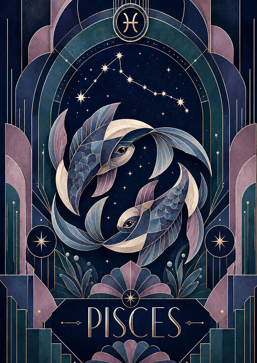 Stylish artwork of Pisces zodiac symbol featuring two fish intertwined against a dark background.