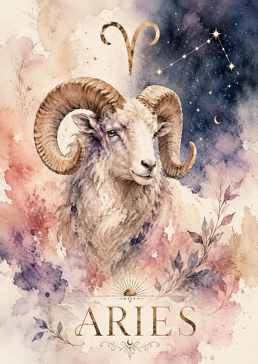 Beautiful artwork of an Aries Zodiac Ram with celestial elements and pastel colours.