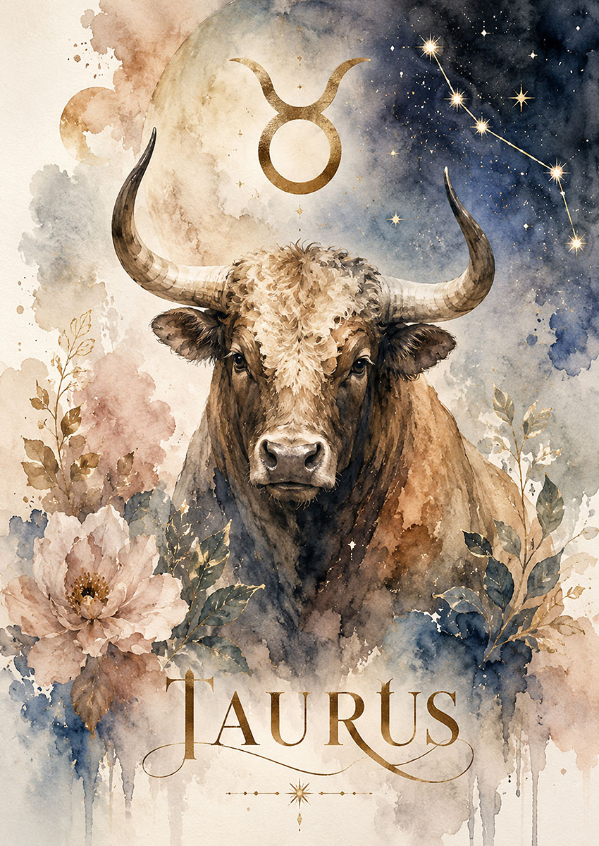 Artistic representation of a Taurus bull against a starry backdrop with floral elements.