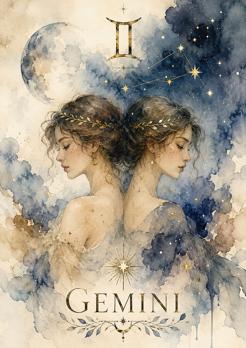 Artistic representation of the Gemini zodiac with two feminine figures amidst cosmic elements in blue and gold tones.