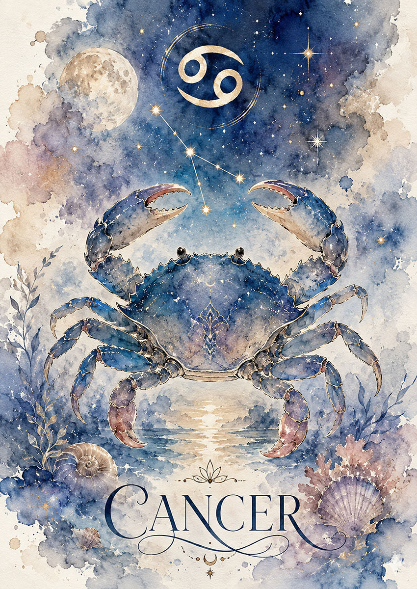 Artistic illustration of a Cancer Zodiac Crab with celestial elements and stars in a night sky.