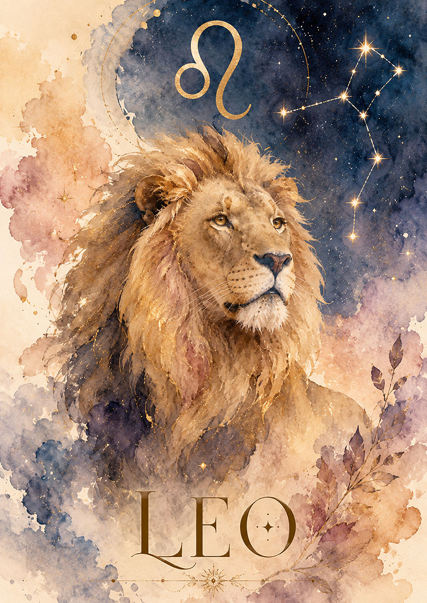 Elegant artwork of a Leo zodiac style lion set against a starry night sky.