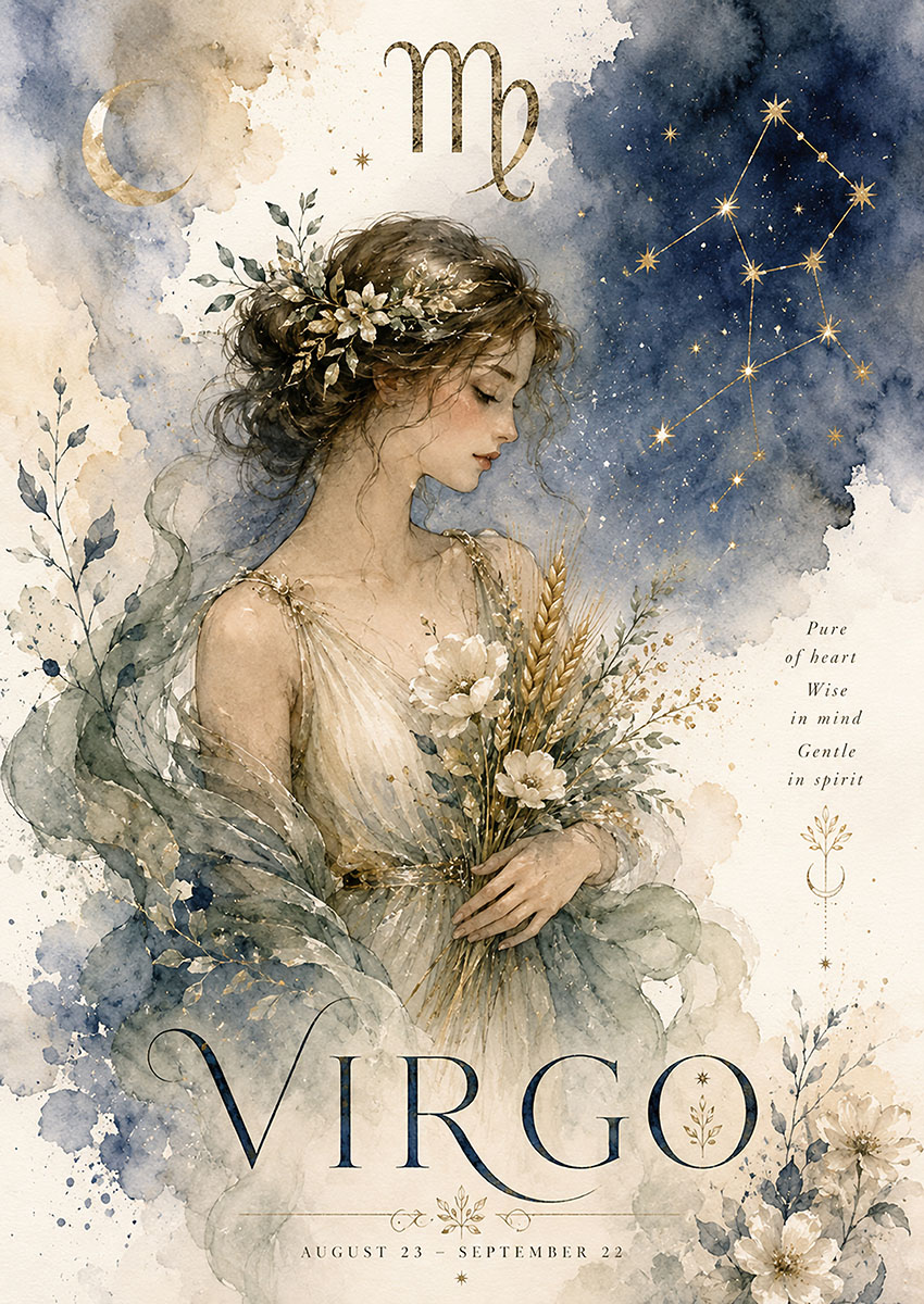Elegant Virgo Zodiac artwork featuring a woman with flowers and stars in a soft watercolour setting.