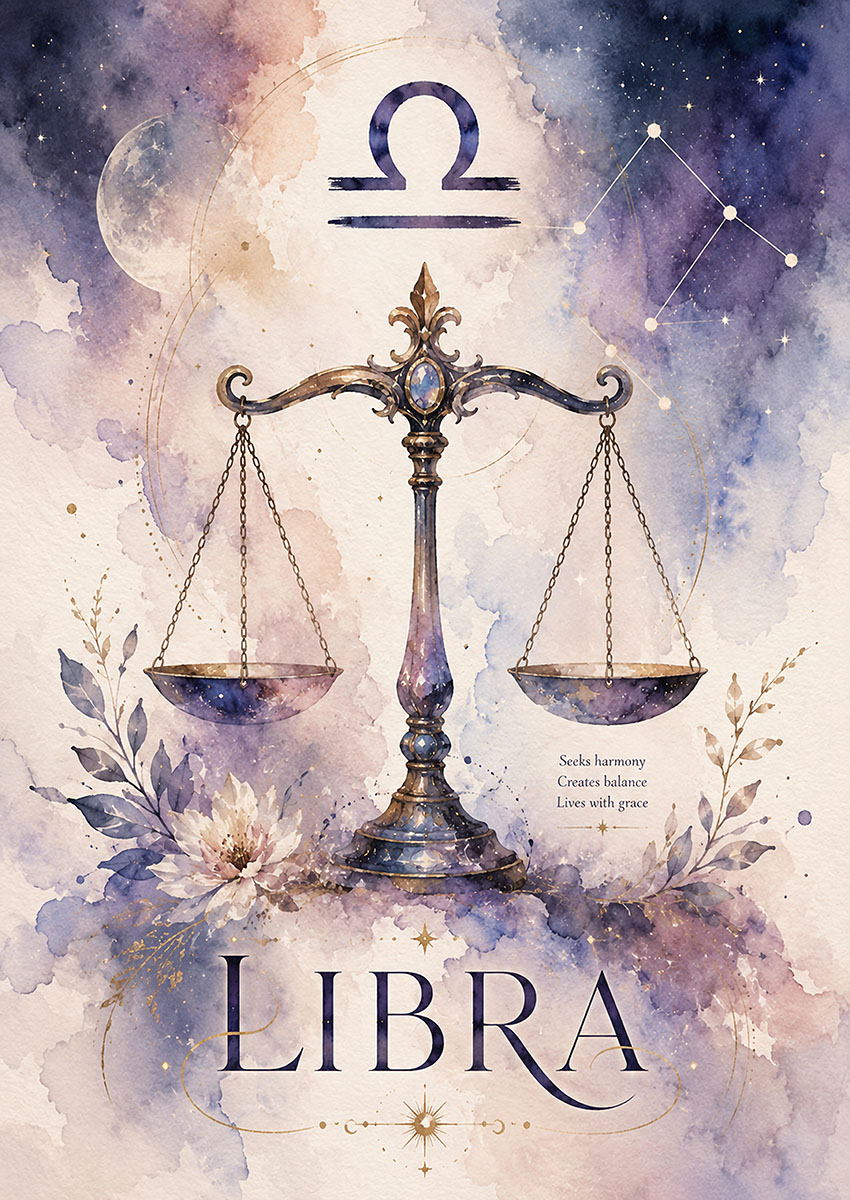 Artistic illustration of the Libra zodiac sign scales surrounded by floral designs and starry elements.