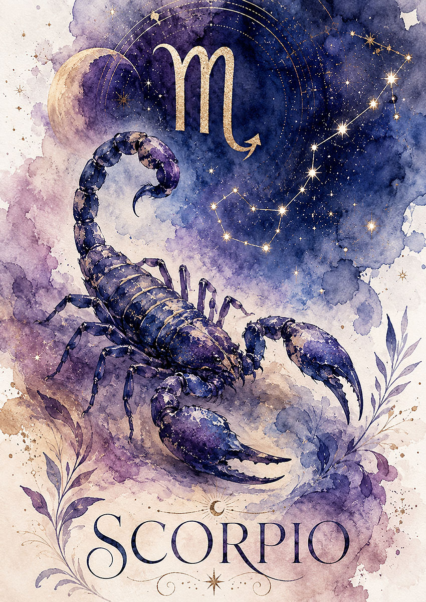 Illustration of the Scorpio Zodiac sign featuring a scorpion against a starry background.