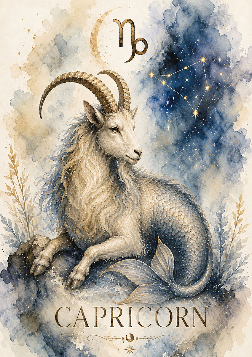 Artwork depicting the Capricorn zodiac sign with a sea-goat in a starry background.