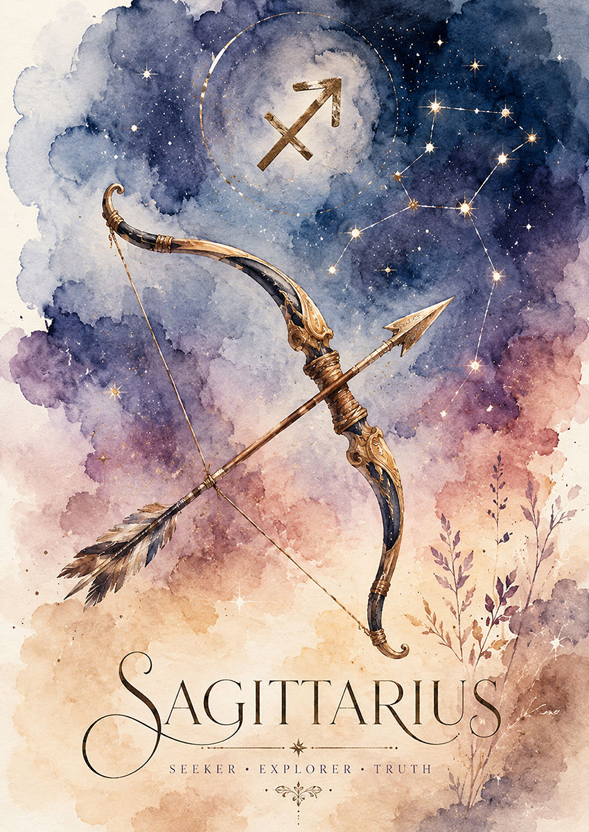 Artistic depiction of Sagittarius zodiac sign with bow and arrow against a galaxy backdrop.