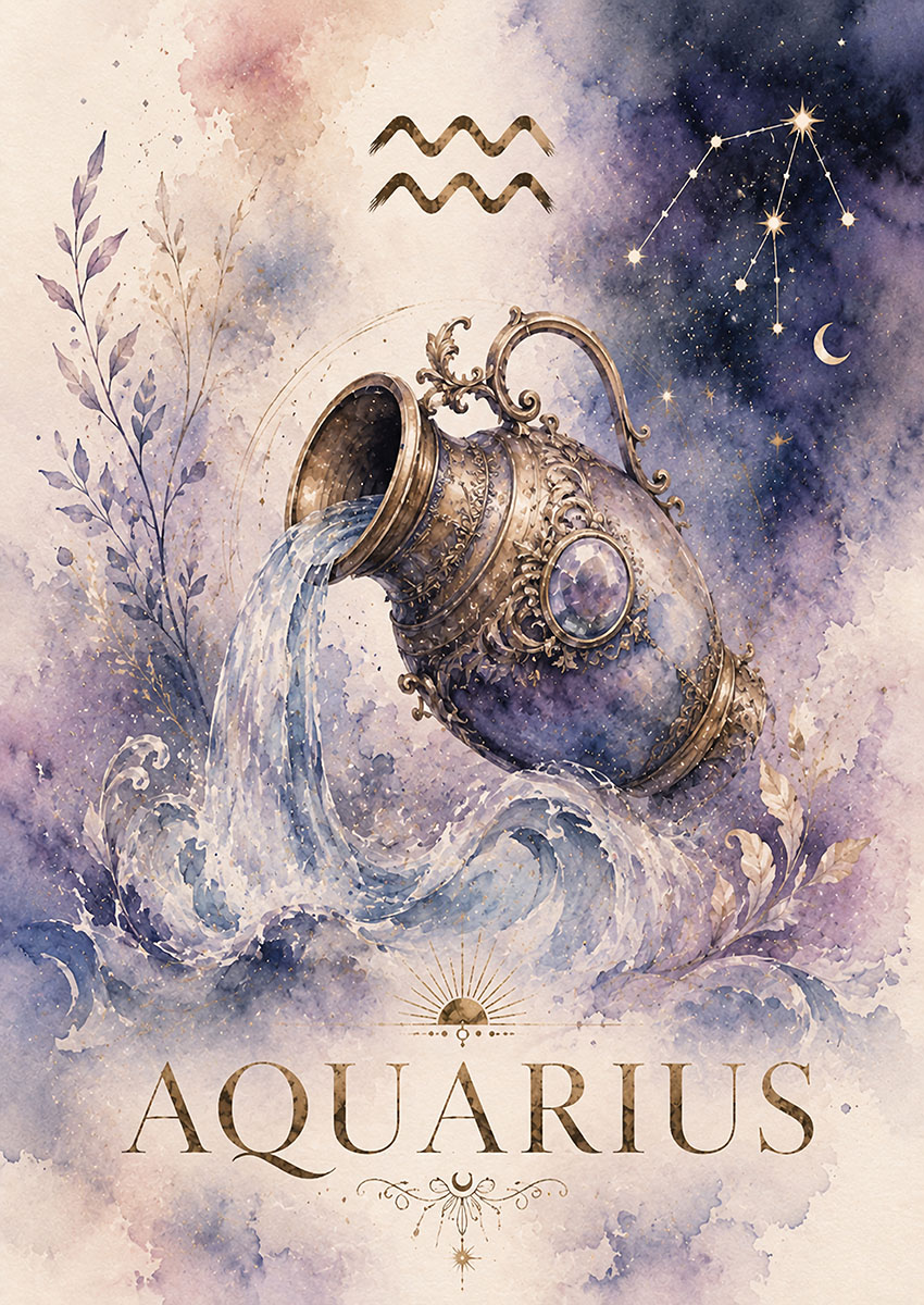 Artistic representation of the Aquarius Zodiac sign with flowing water and cosmic elements.